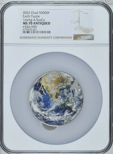 NGC MS70 Chad 2022 Earth Puzzle 1oz Silver +4.5oz Copper Coin 5000 Francs