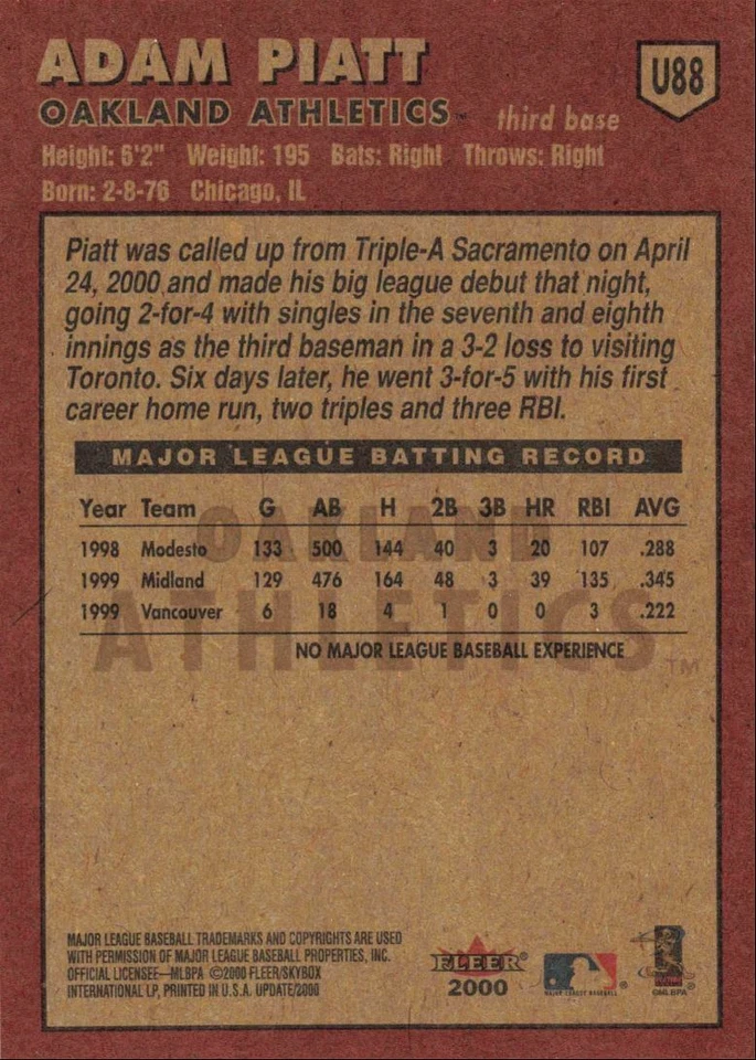 2000 Fleer Tradition Update Adam Piatt Oakland Athletics #U88 - Image 2 of 2