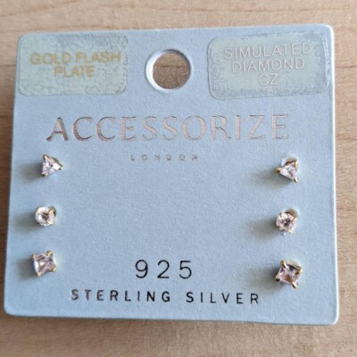 New Accessorize Sparkle Stud Set of Earrings  | Sterling Silver | Gold Plated