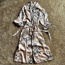 Vintage Jones New York Size S Satin Robe Asian Floral Nightgown Pale Pink RARE