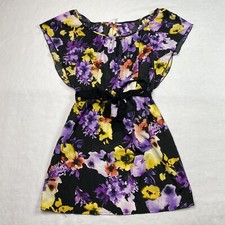 6 Degrees Womens Dress sz S Black Purple Floral Belted Flutter Sleeve Scoop Neck