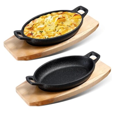 Mifoci 2 Sets Cast Iron Skillet with Wooden Base 