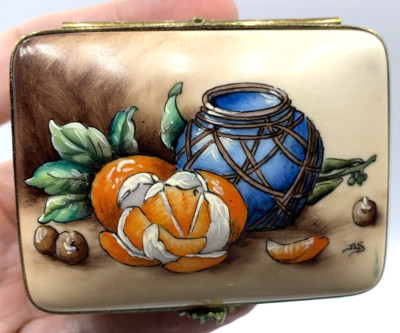 Limoges Rochard Studio Hand Painted Trinket Box Orange Vase Limited Edition