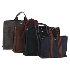 HERMES Tote Bag Canvas 4 Set Black Gray Bordeaux Auth BSZ440