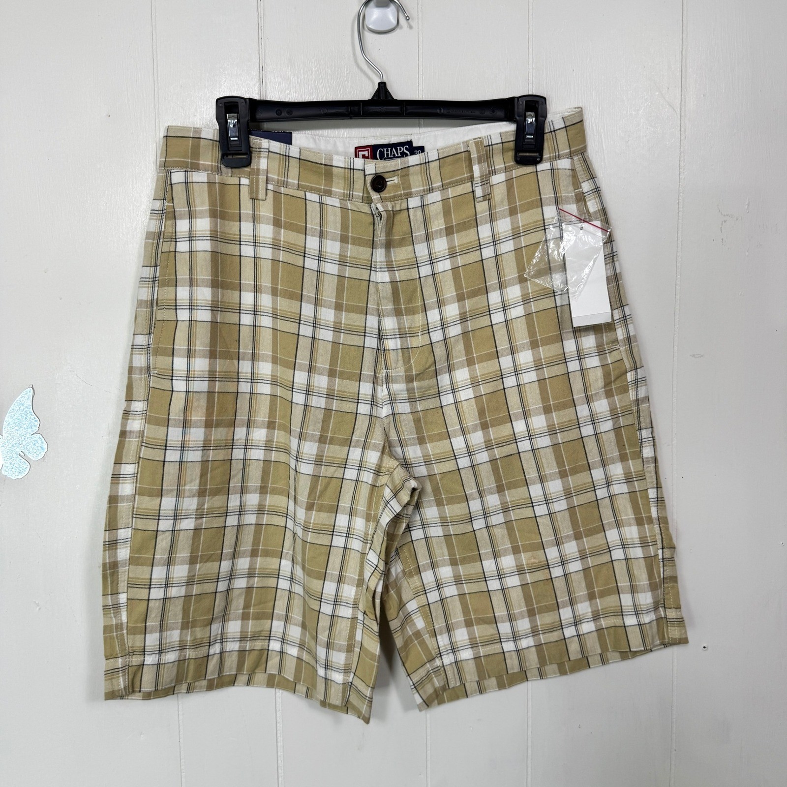 Chaps Mens Flat Front Plaid Shorts Size 30 Beige White Casual Summer Pockets