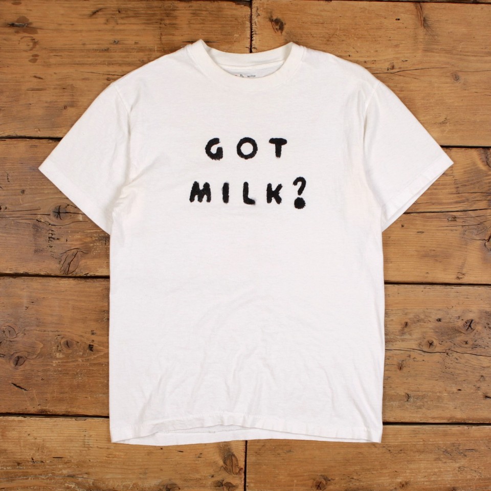 Vintage Hanes T-shirt L Womens White Got Milk? Painted Slogan Single Stitch