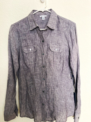 Saks Fifth Avenue Men's Gray Linen Long Sleeve Button-Up Shirt Pockets S