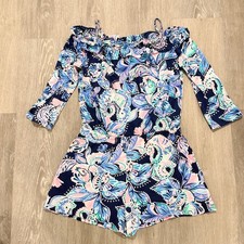 Lilly Pulitzer Girls XXL 16 Romper Navy Pink Floral Paisley Ruffle Off Shoulder