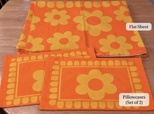 Vtg 60s Mod Cannon Royal Family Sunflower Orange Full Flat Sheet 2 Pillowcases