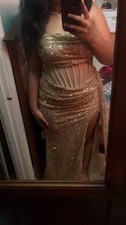 Gold Sequin Strapless Formal Dress with Sheer Waist and Slit