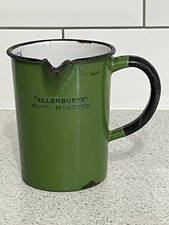 EARLY 20th C GREEN ENAMEL "ALLENBURY'S" FOOD MEASURE PINT, OUNCE, TBSPN  GAUGE