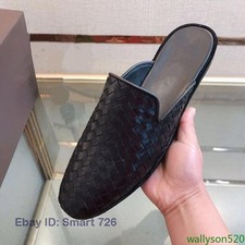 Fashion Mens Closed Toe Mules Slippers Real Leather Woven Pattern Flats Shoes