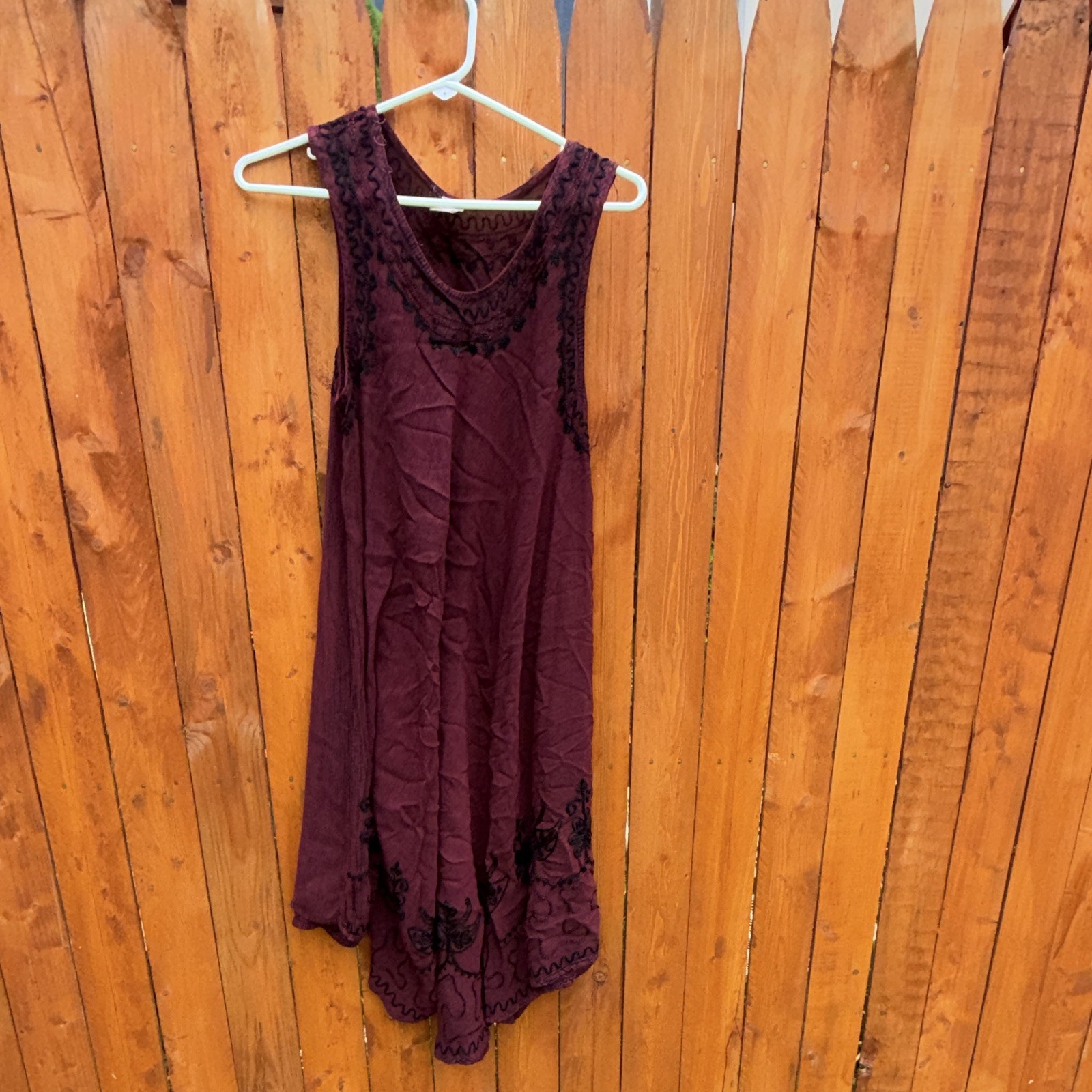 Burgundy Embroidered Sleeveless Midi Scoop Neck Viscose Sundress Pullover