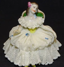Volkstedt Dresden Lace Porcelain Seated Lady in White Yellow Peep Toe Germany