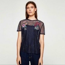 Zara Navy Blue Lace Sheer Embroidered Blouse Top Size M