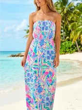Lilly Pulitzer Strapless Maxi Dress sz S Blue Ibiza Drawstring Waist Beach +