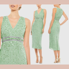 NWT Mac Duggal [ 10 ] 70267 Sequined Sleeveless V-Neck Midi Dress Sage #J2031