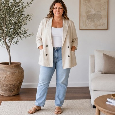 Jolie Saule Beige Linen Blazer Size Plus 18 Relaxed Lightweight Jacket