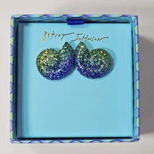 New Betsey Johnson Mermaid Jewels Conch Shell Stud Earrings -Blue Ombre Crystal