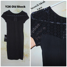Y2K Bebe Mini Dress Bodycon Mesh Lace Floral Detail Black Stretch Scoop Neck M/L