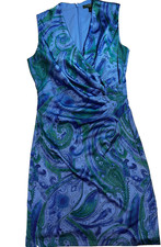 Ralph Lauren, Side Ruched Sleeveless Dress Size 2, green and blue paisley floral