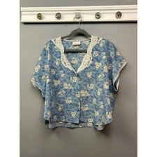 Barbizon Sleep Top Womens Large Blue Floral Vintage Lace Trim Button Front Bed