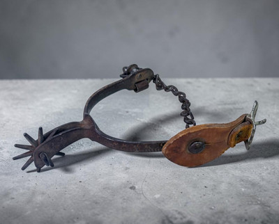 Antique August Buermann Cowboy Spur 10-Point Star Rowel Heel Chain Leather Strap
