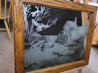 Vintage Wood-Framed Mirror (24''x19'') Etching of Ducks Watermill Home On Creek 