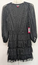 NWT Vince Camuto Rich Black Sequin Whimsygoth Tiered Ruffle Mini Dress - Size L