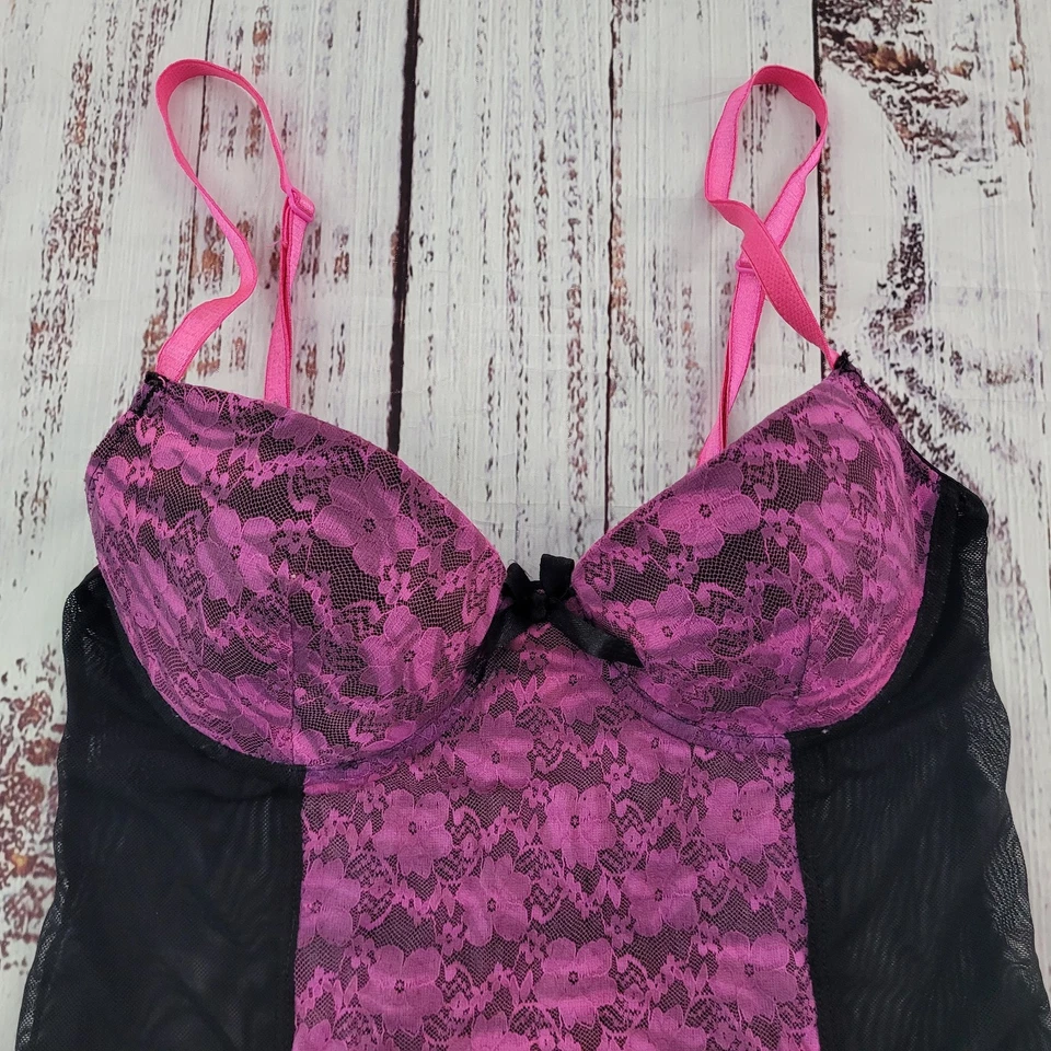 Lencería sexy transparente de encaje rosa negro Rampage íntimates para mujer M Foto 2 de 4