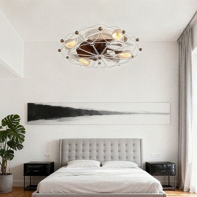 White 20 inch Ceiling Fan Light Caged Flush Mount w Remote Control Kit Farmhouse