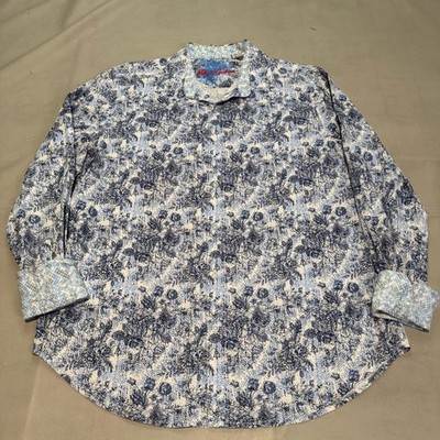 Robert Graham Men Blue Floral Roll Cuff Long Sleeve Button Down Shirt-L-7678