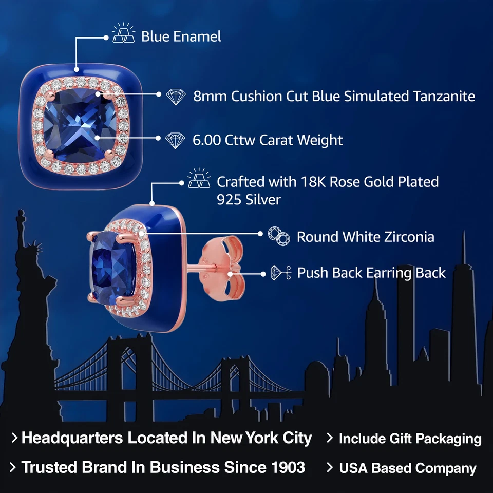 Hecho en Italia Chapado en Oro Rosa 18K Plata Azul Simulado Tanzanita Azul Esmalte Foto 2 de 4