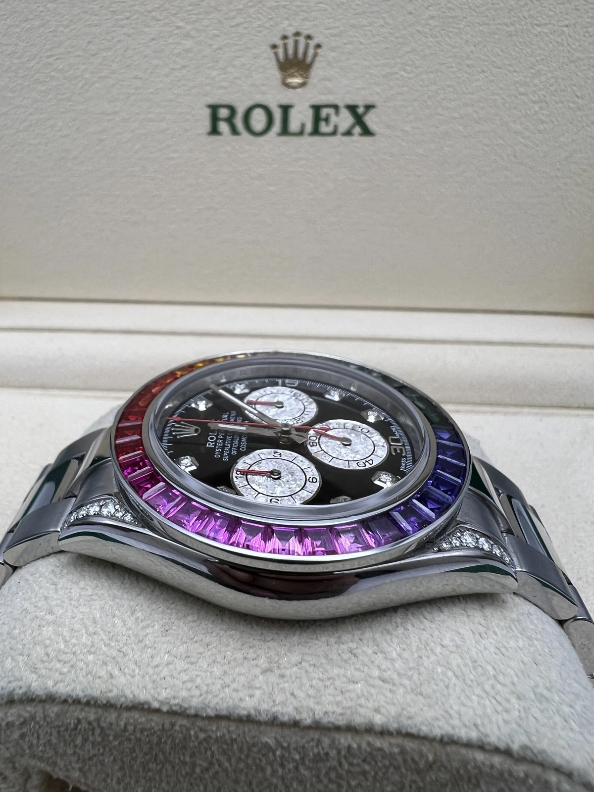 Rolex Daytona 116520 40mm Custom Rainbow Sapphire Bezel Diamond