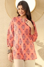 Indian Women BEAUTIFUL Cotton Peach Floral Printed Top Tunic Kurta Kurti Dress