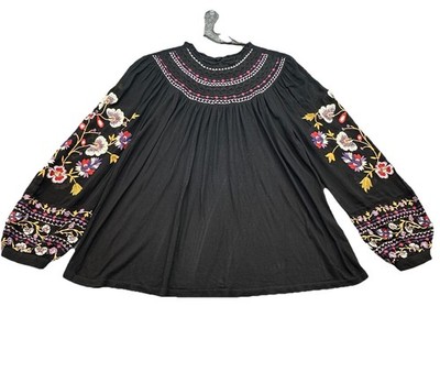 Anthropologie Akemi + Kin Louise Blouse Women's Size S Black Peasant Embroidered