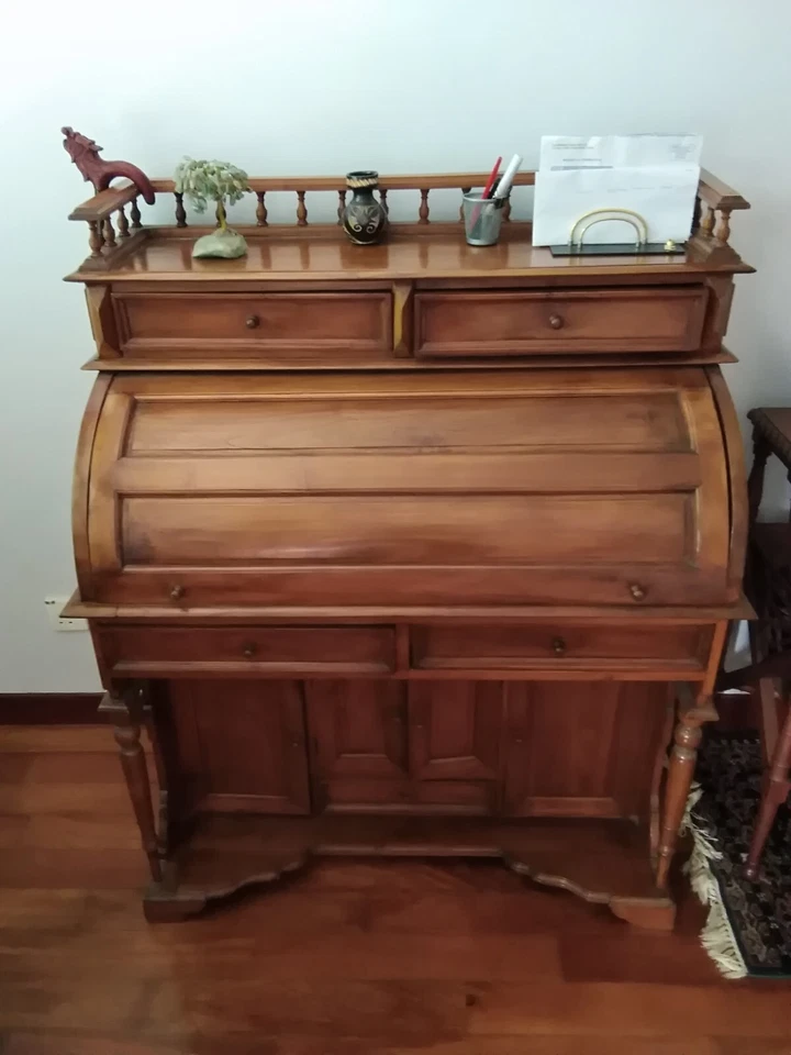  Teak roll top desk with multiple drawers, pigeon holes inside and shelves above - Image 2 of 3