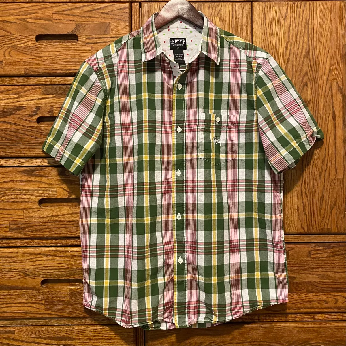 Vintage Stussy Plaid Short Sleeve Button Up Shirt   Men's,  Green/Red/Yellow, M