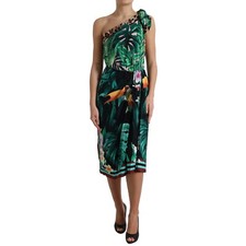 DOLCE & GABBANA Dress Green Tropical Jungle Print One Shoulder Midi IT42/US8/M