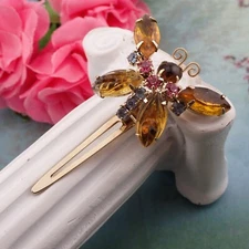 Vintage Japan Molded Marquise Golden Pink Rhinestone Butterfly Hair Clip