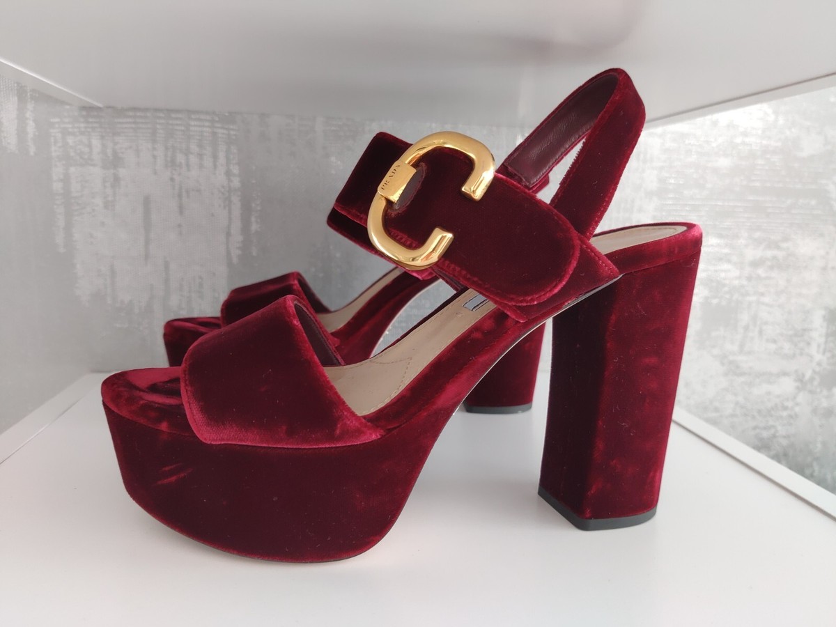 Prada Burgundy Velvet Velour Platform Slingback Sandals Prada Burgundy Velvet Velour Platform Slingback Sandals