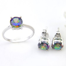 Set gioielli rotondi abbaglianti più orecchini a perno anello argento vero topazio mistico blu