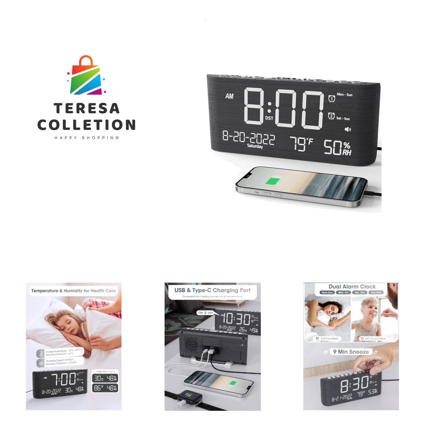 8.7 Inch Digital Alarm Clock with USB and Type-C Charging Ports-image