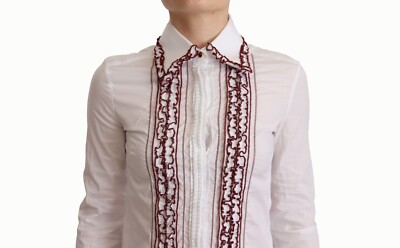 DOLCE & GABBANA Top White Cotton Lace Long Sleeves Ruffle Collar