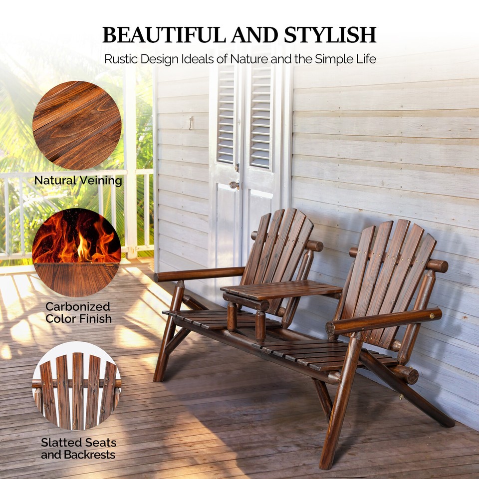 Adirondack Outdoor Bench with Table Wooden Garden Patio Chair Set for