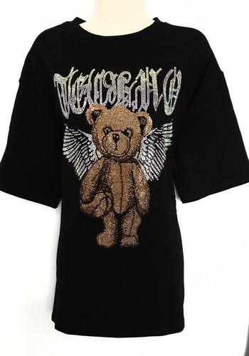 Schwarz Diamant Kristalle Grafikdruck Engelsflügel Teddybär Oversize T-Shirt