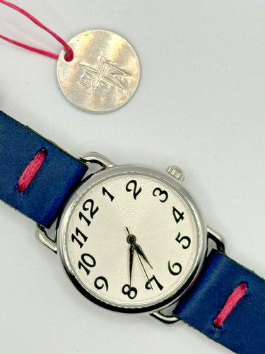 Handmade Custom Blue Leather Watch Strap on Unbranded Watch with Unique Face