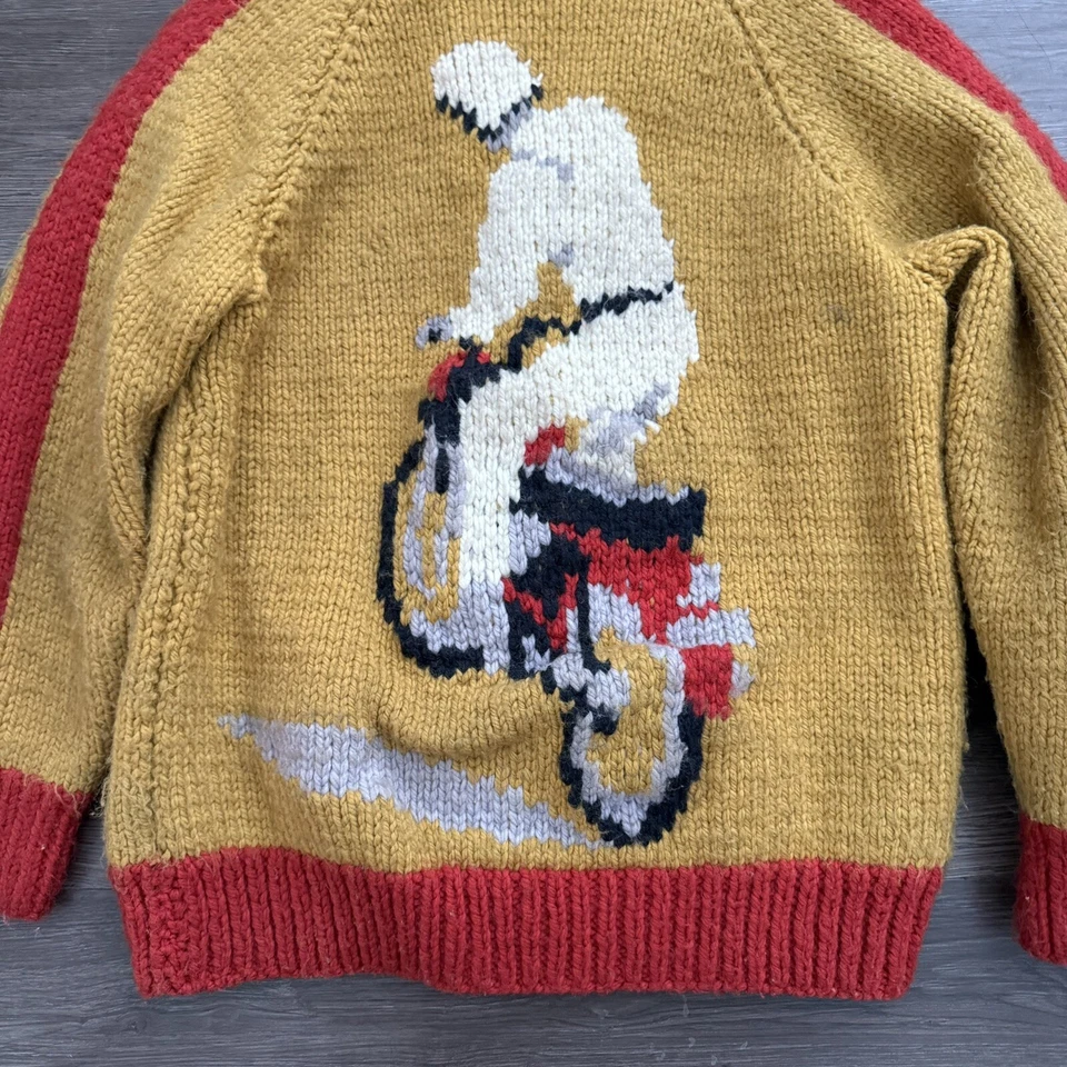 Suéter de Colección Años 50 60 Mary Maxim Motocicleta Cowichan Forrado Rojo Mostaza Raro Foto 4 de 4