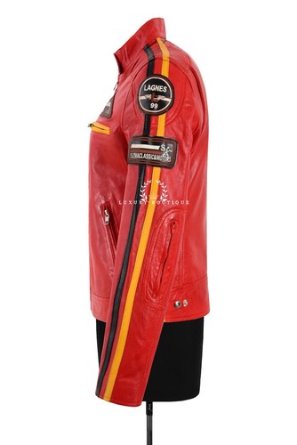 SIZMA Ladies Real Leather Jacket Red Classic Retro Motorcycle Racer Style Jacket - Picture 2 of 5