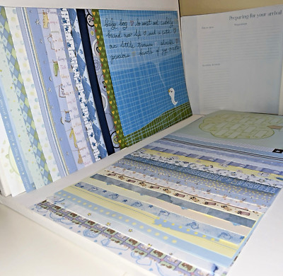 VTG Scrapbooking Paper 12x12 Assorted Printed Paper Baby Boy Blue ~ LOT of 85
